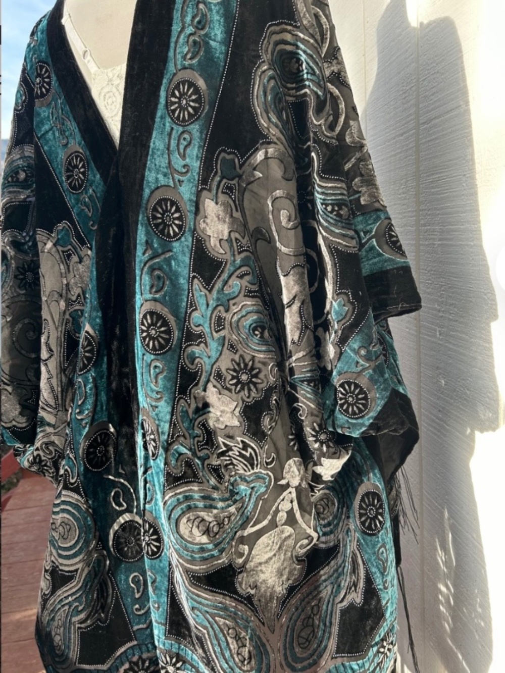 Beautiful Art Deco Velvet Kimono Teal, Black, Semi Sheer, Burn out, Fringed, Dev